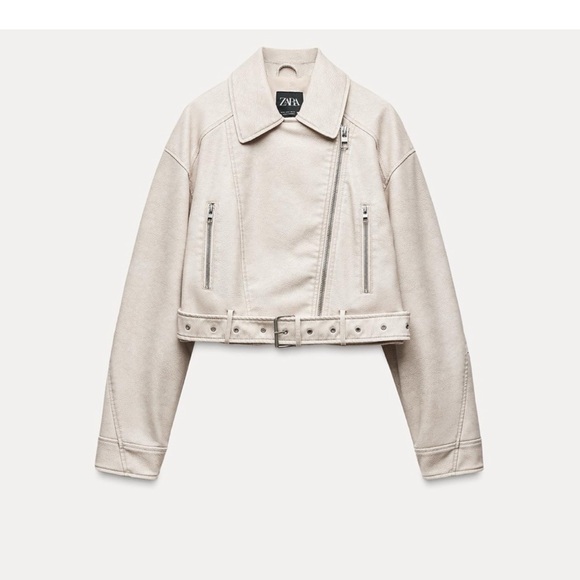 Zara Cream Moto Leather Jacket - Picture 2 of 4
